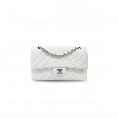 CHANEL MASTER CLASSIC FLAP CF SILVER METAL FLAP DIAMOND LEATHER CHAIN BAG WHITE A01112 (25.5*15.5*6.5cm)